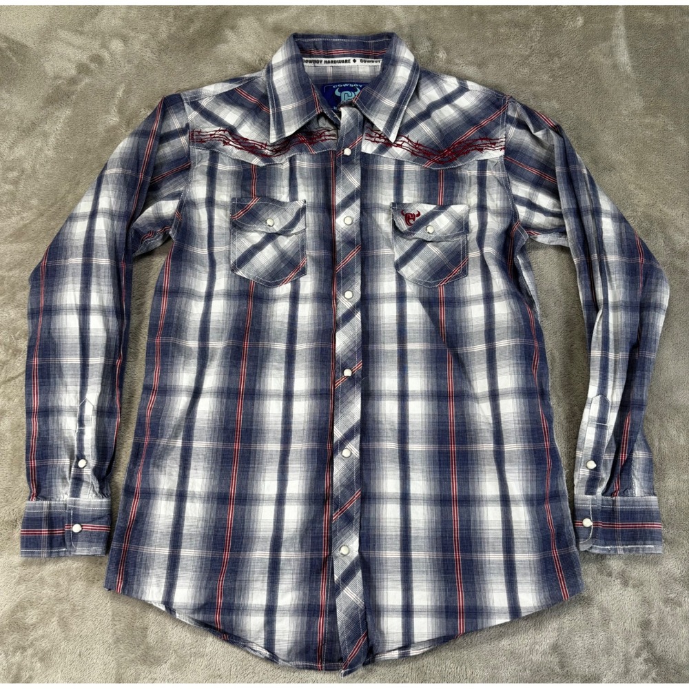 Cowboy Hardware Western Snap Shirt Women XL Blue Plaid Barbed Wire Embroidered